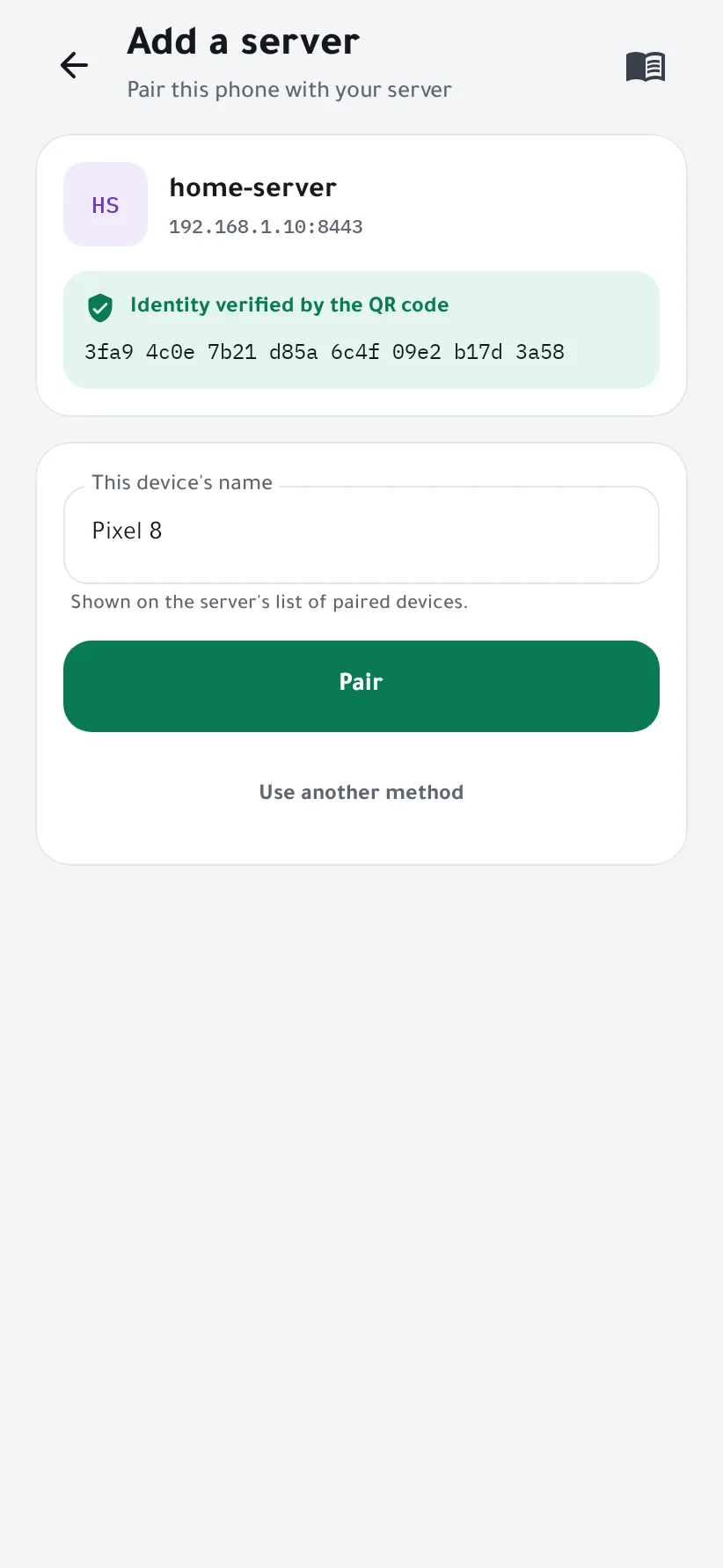 The server's name, address and verified fingerprint, with the device name field and the Pair button
