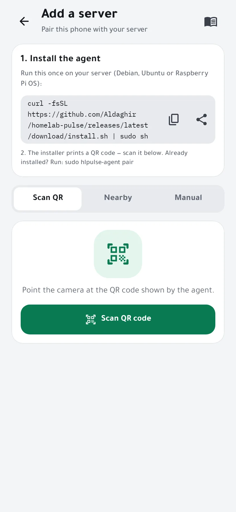 The Add a server screen with the install command and the Scan QR, Nearby and Manual options