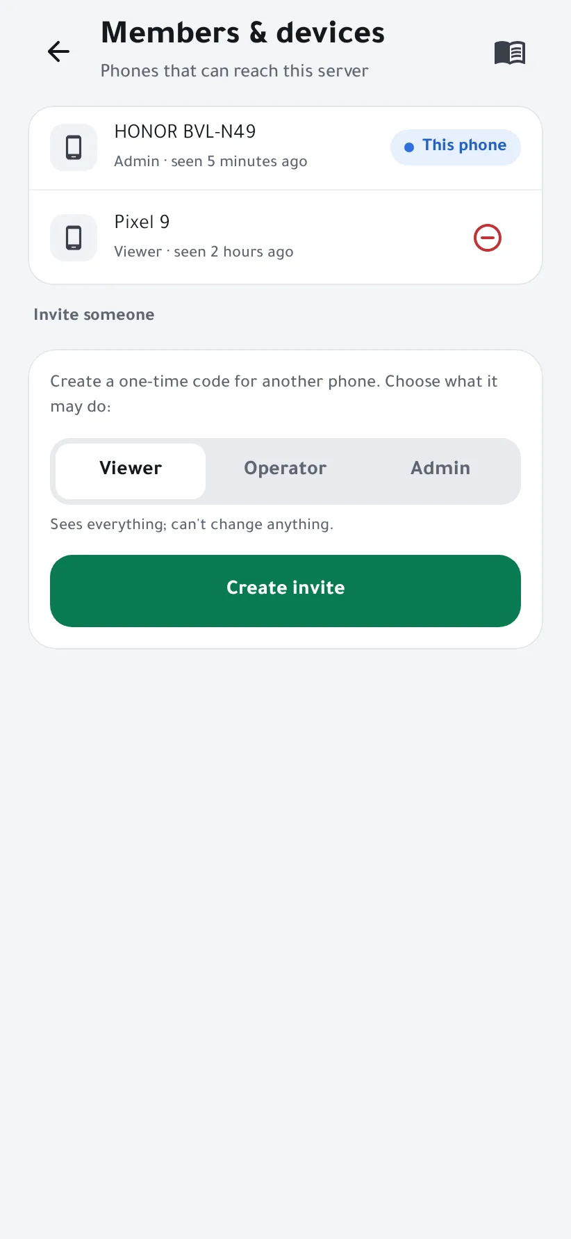 Members & devices, with the role choice and the Create invite button