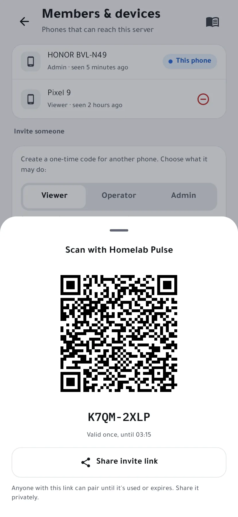 The invite QR code, its code, expiry and share button