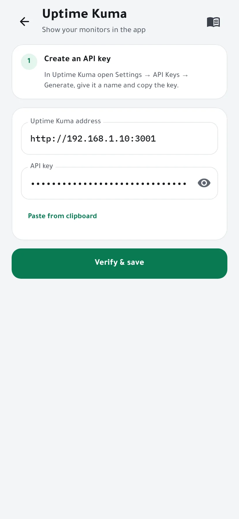 Uptime Kuma's address and the masked API key
