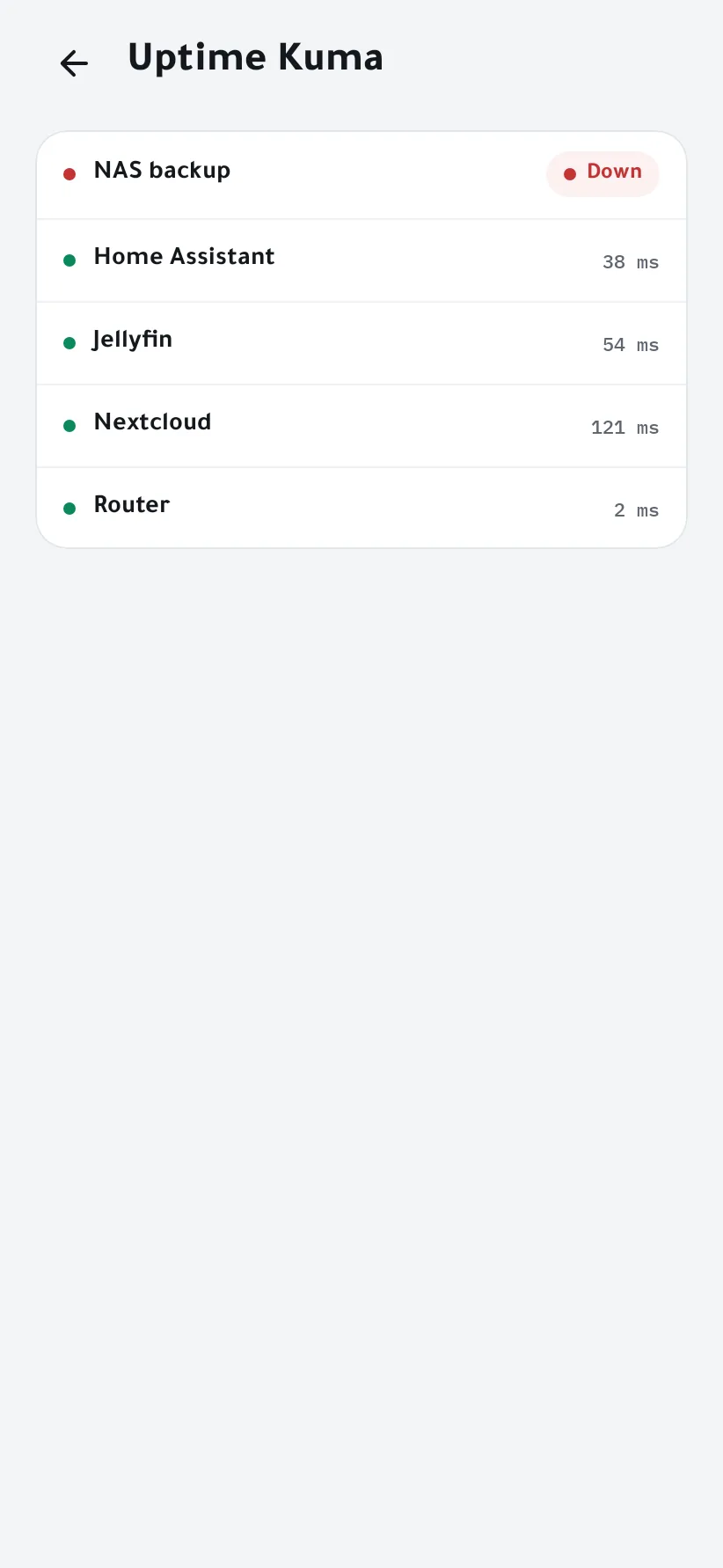 Uptime Kuma monitors in the app