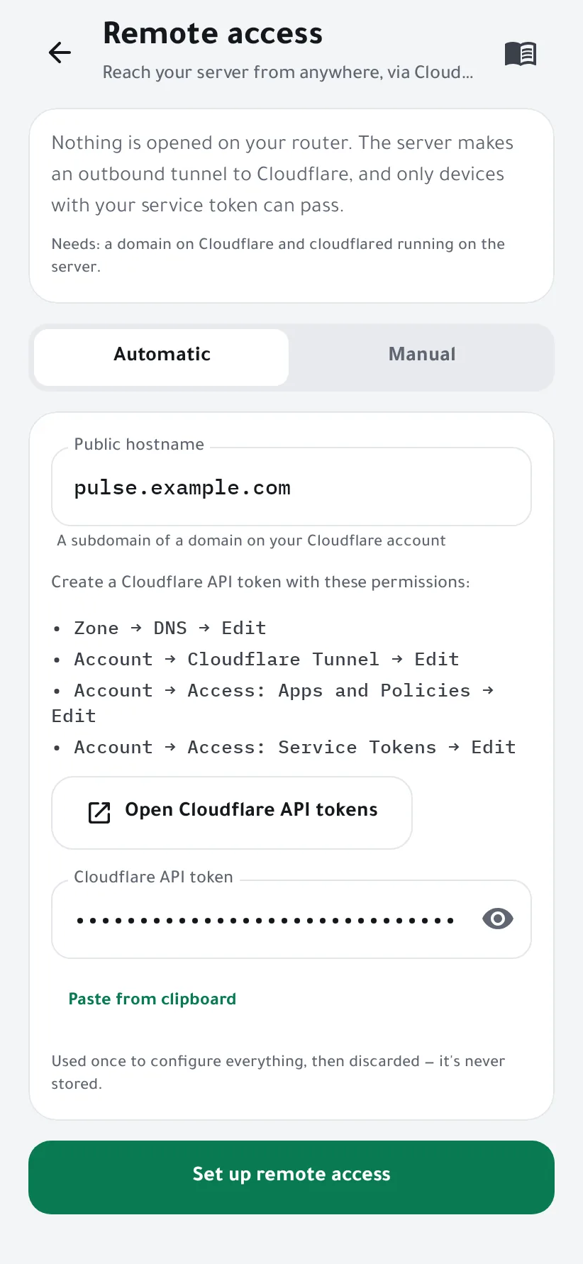 The remote access wizard in automatic mode, with the hostname and the Cloudflare API token