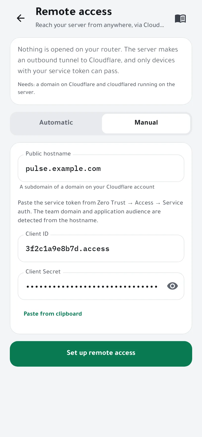 Manual mode: the hostname, Client ID and Client Secret