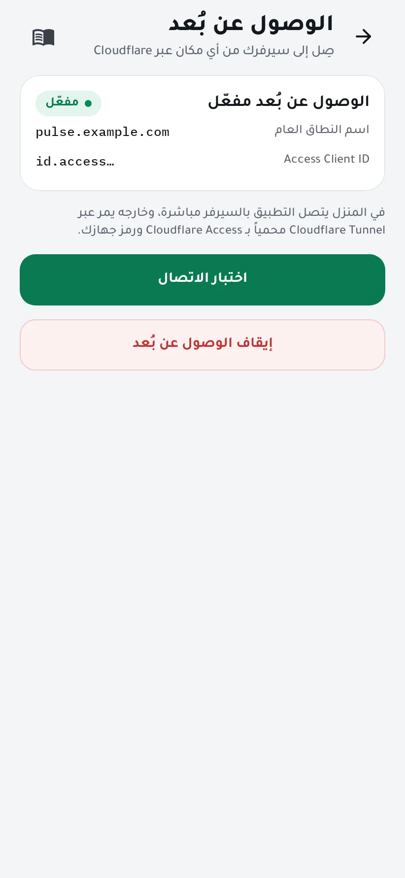 الوصول عن بُعد مفعّل مع اسم النطاق العام وزر الاختبار