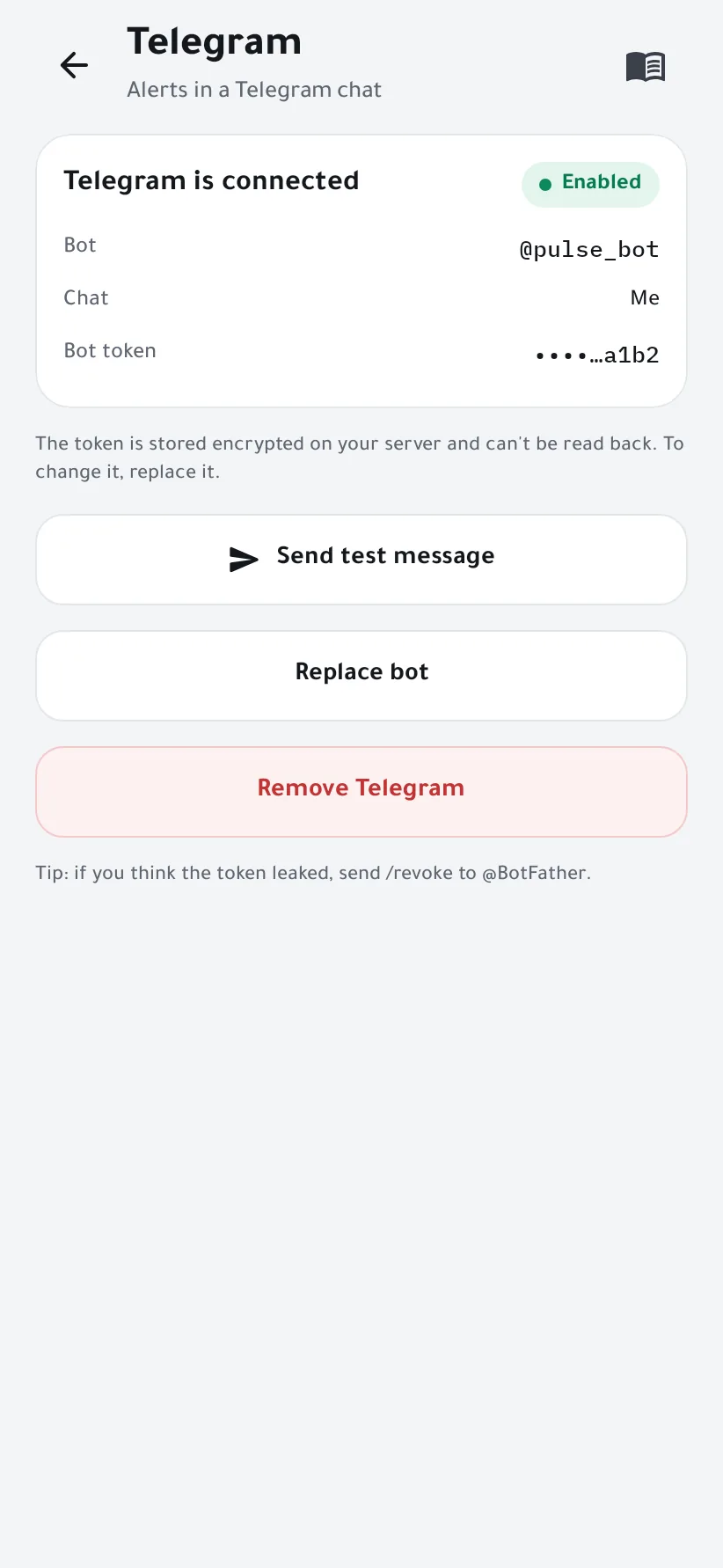 Telegram connected, with the bot, the chat and the masked token