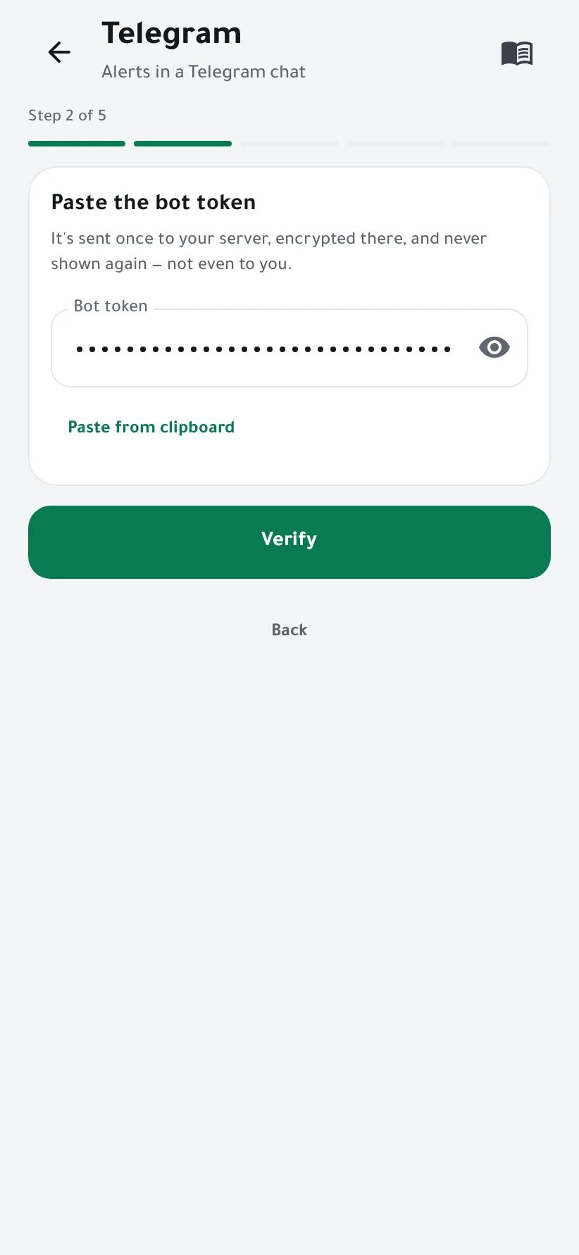 The bot token field, masked